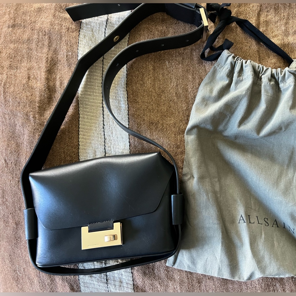 All Saints Black Leather Shoulder Bag/Waist Bag with Gold Accents